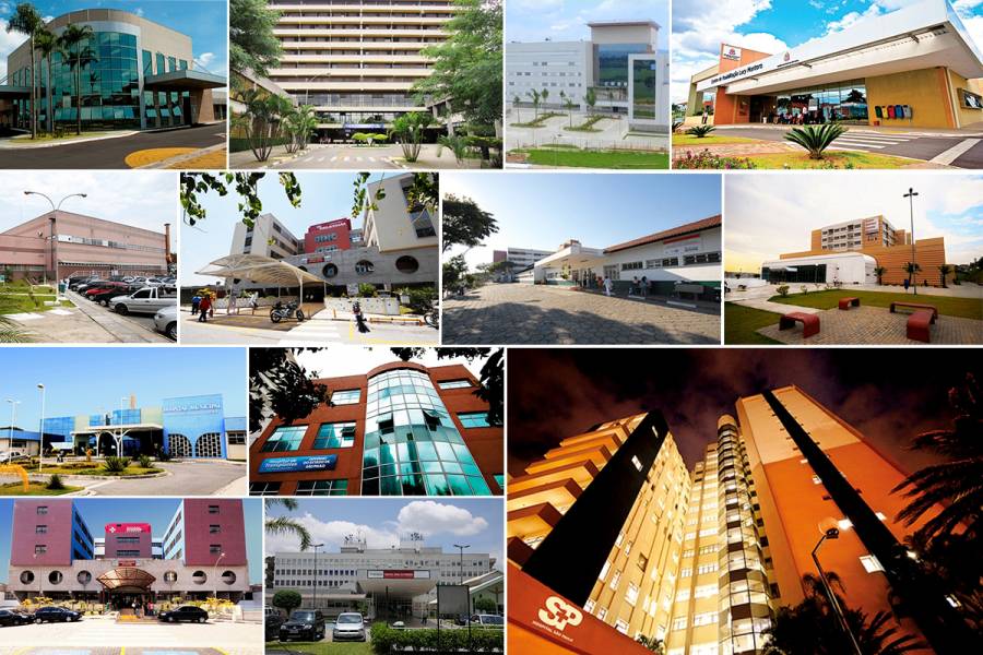Mosaico de unidades de saúde da rede SPDM pelo Brasil